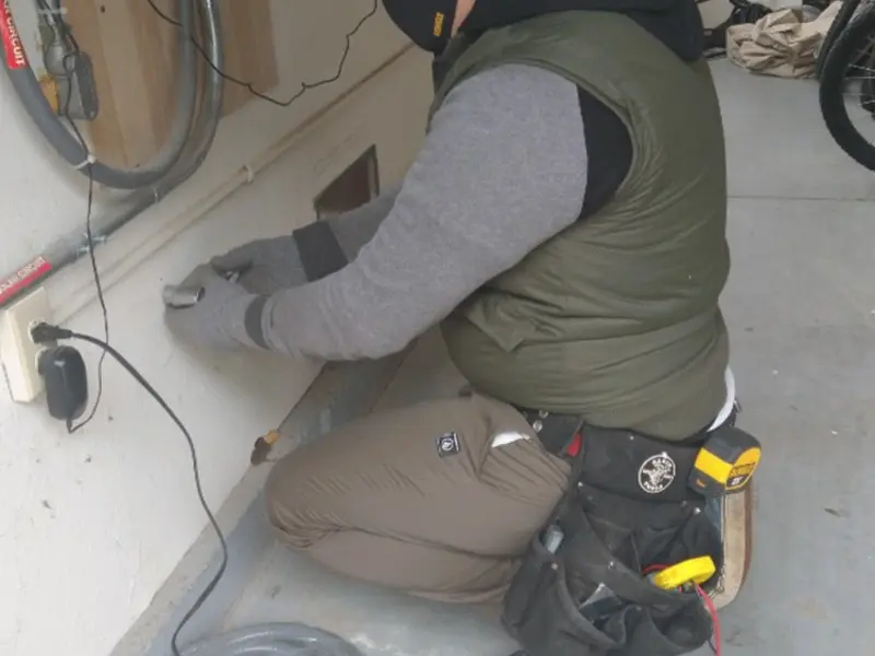 Electrician performing outlet wiring in a Romeoville garage